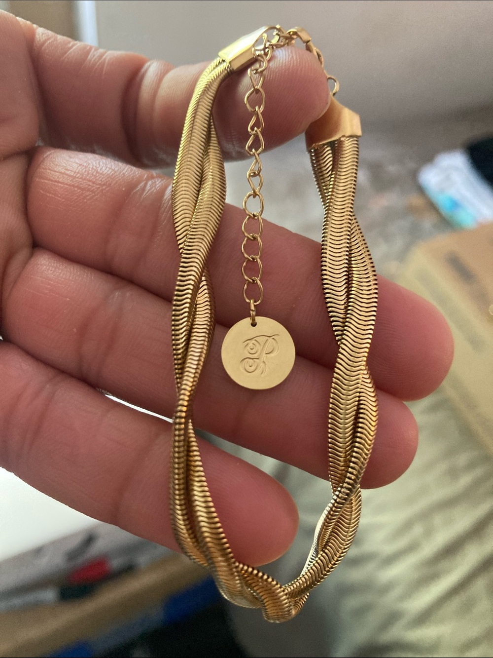 Plunder Gold Twisted Herringbone Bracelet with Monogram Charm
